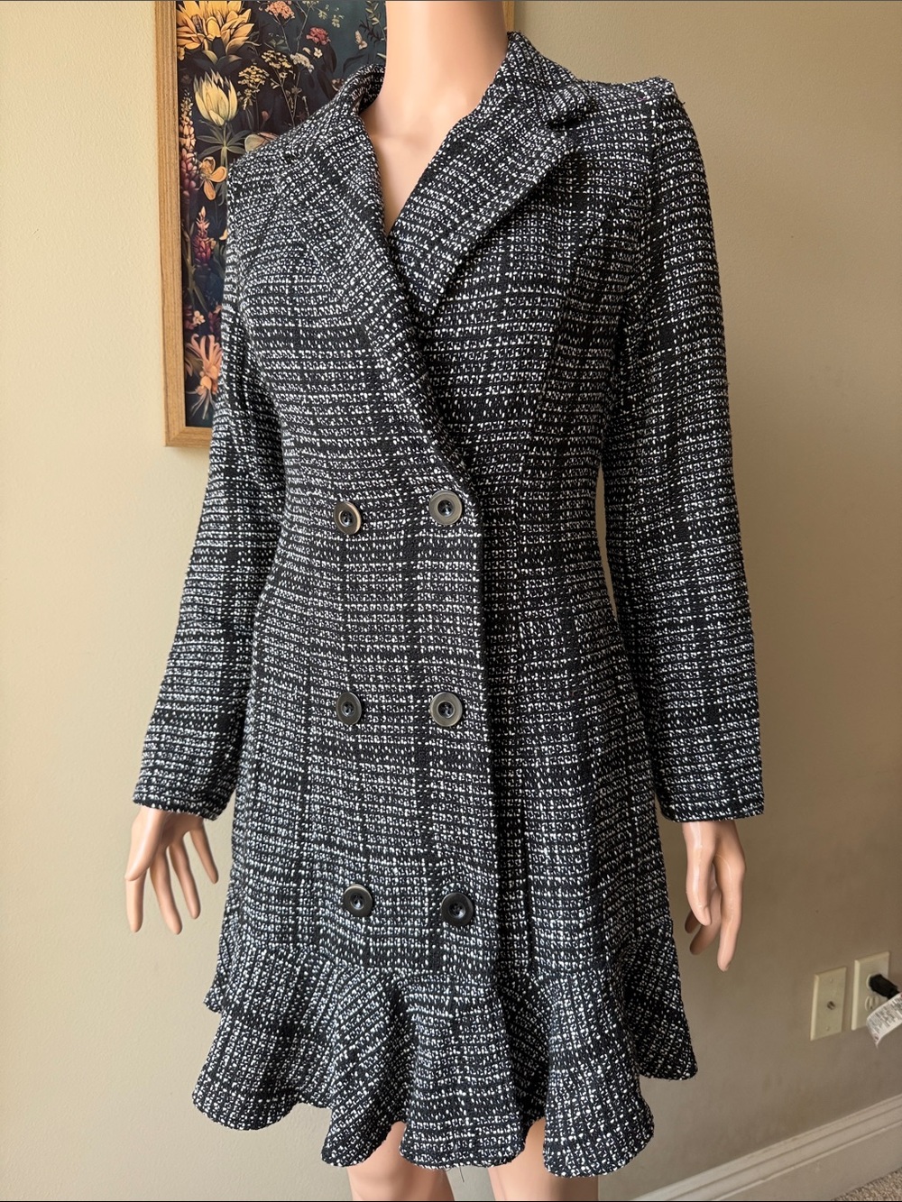 SHEIN Black & White Tweed Double-Breasted Ruffle Hem Dress
